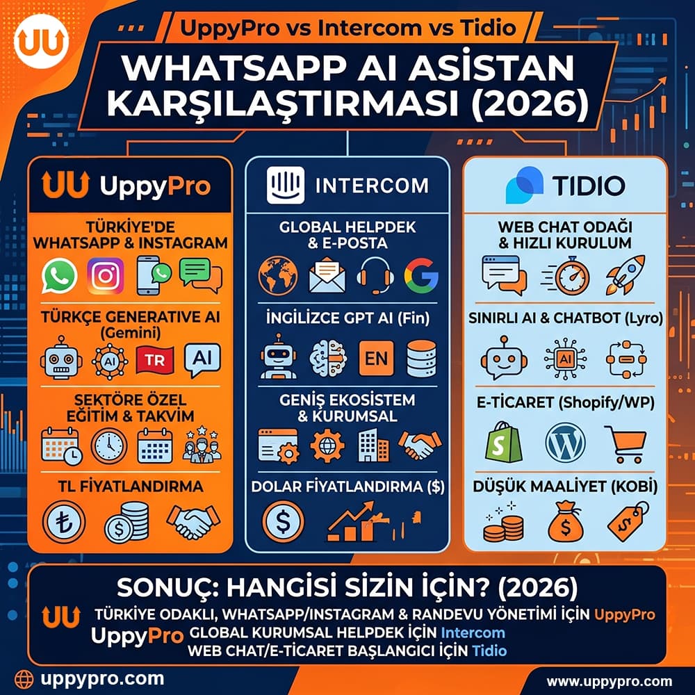 UppyPro vs Intercom vs Tidio: WhatsApp AI Asistan Karşılaştırması (2026)