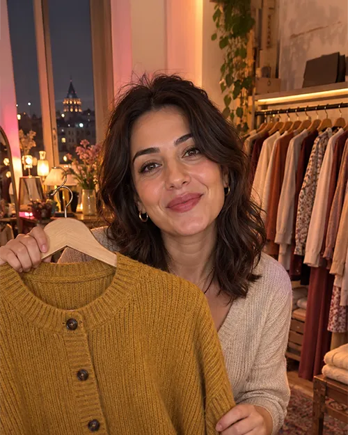 Boutique owner showing a mustard cardigan on a live stream