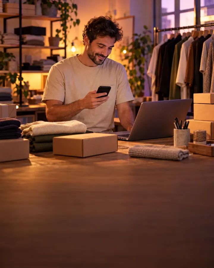 Giyim mağazasında telefonundan müşteri mesajlarına bakan e-ticaret markası sahibi