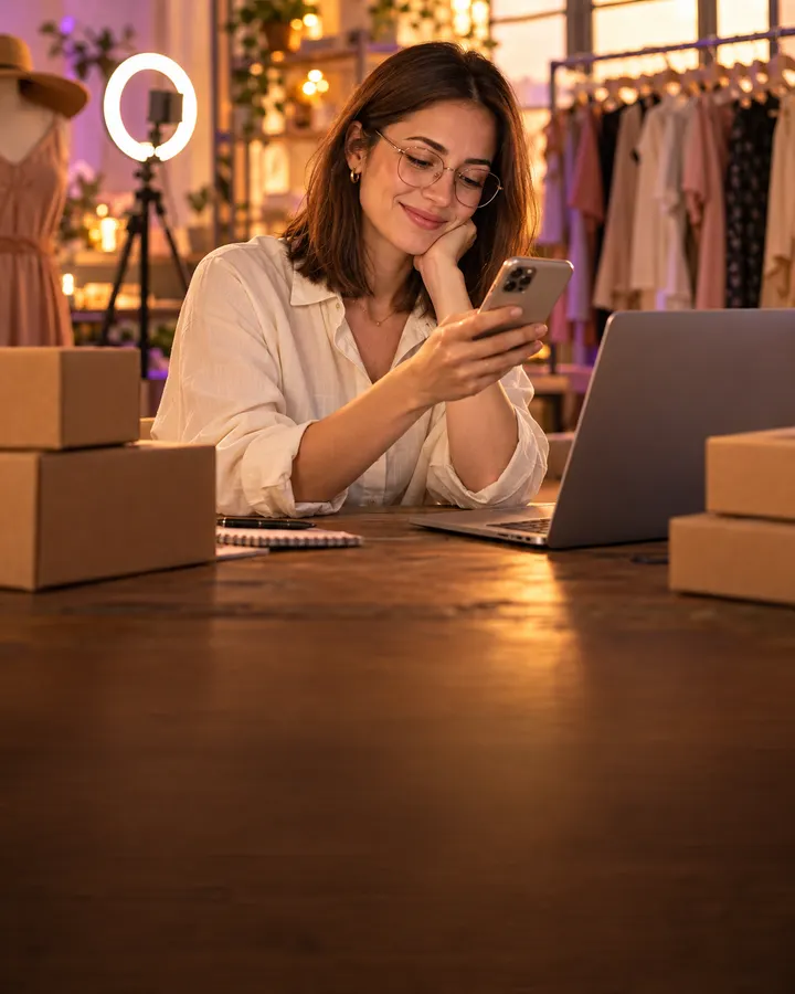 Online fashion brand owner checking customer messages on the phone in the studio