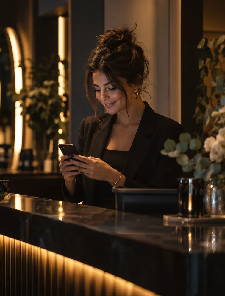 Salonunun resepsiyonunda telefonundan müşteri mesajlarına bakan işletme sahibi