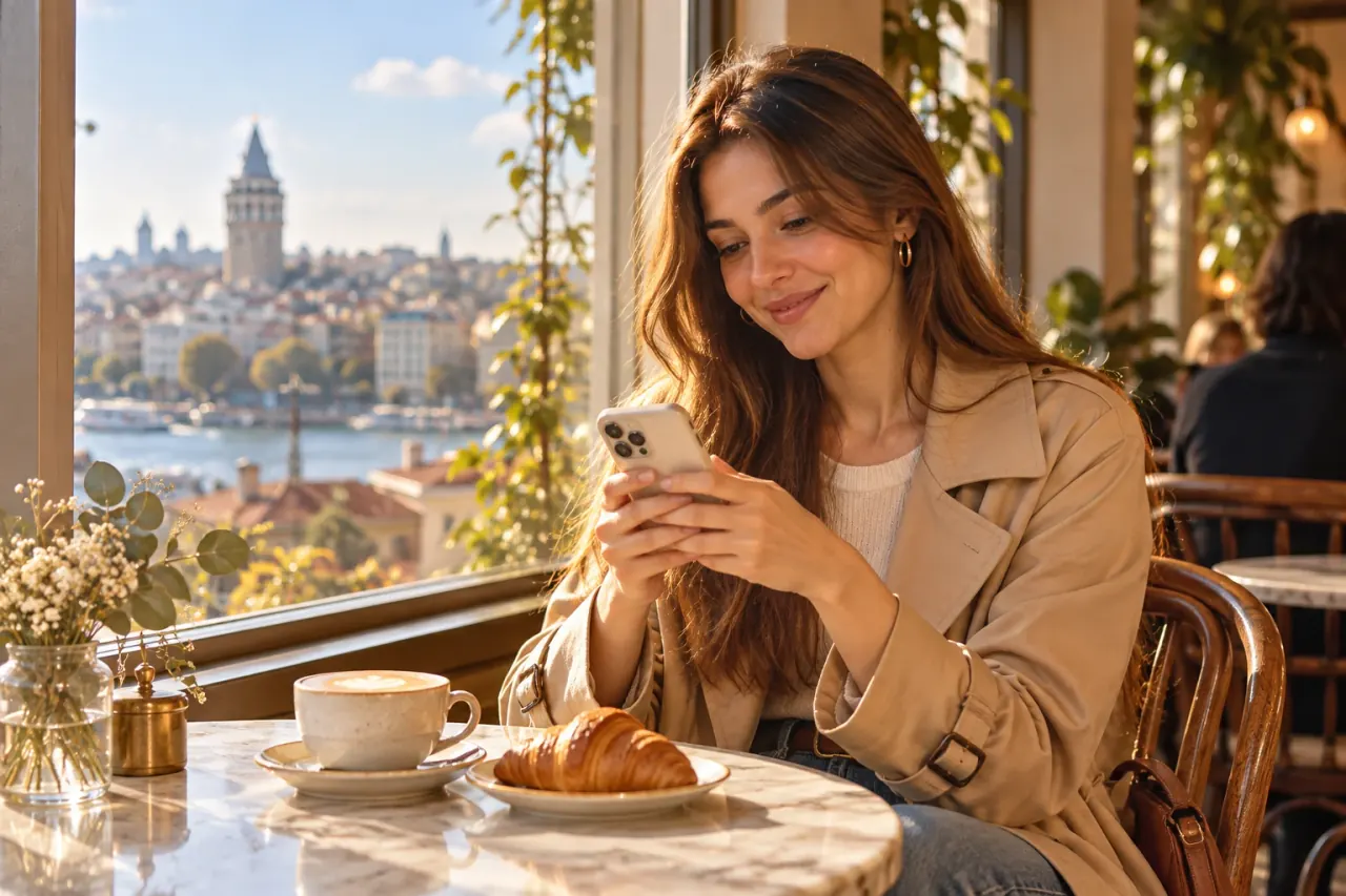 Galata manzaralı bir kafede telefonundan Instagram gönderisine yorum yazan genç kadın