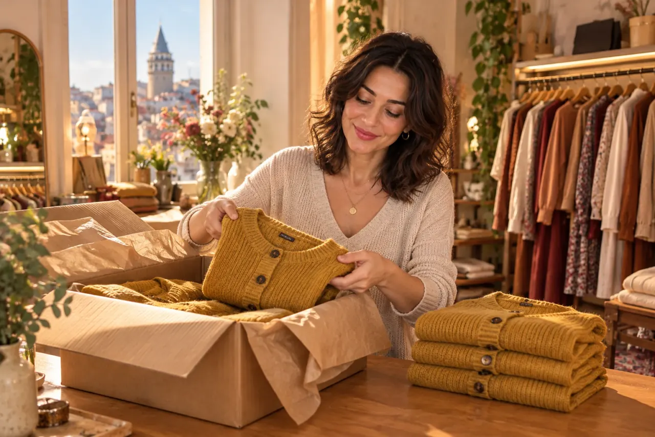 Yeni gelen hardal hırkaları kutudan çıkarıp katlayan butik sahibi
