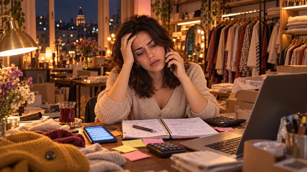 Yayından sonra telefonla bir müşteriyi arayan, masası sipariş notları, dizüstü bilgisayar ve bildirimlerle dolu butik sahibi