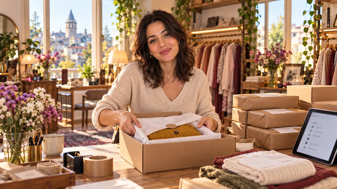 Yayından sonra düzenli paketlerin arasında, hırkayı kargo kutusuna yerleştiren gülümseyen butik sahibi