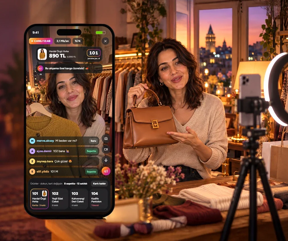 Solda UppyPro uygulamasının yayın ekranı; sağda tripottaki telefon ve halka ışık önünde çantayı izleyicilere gösteren butik sahibi