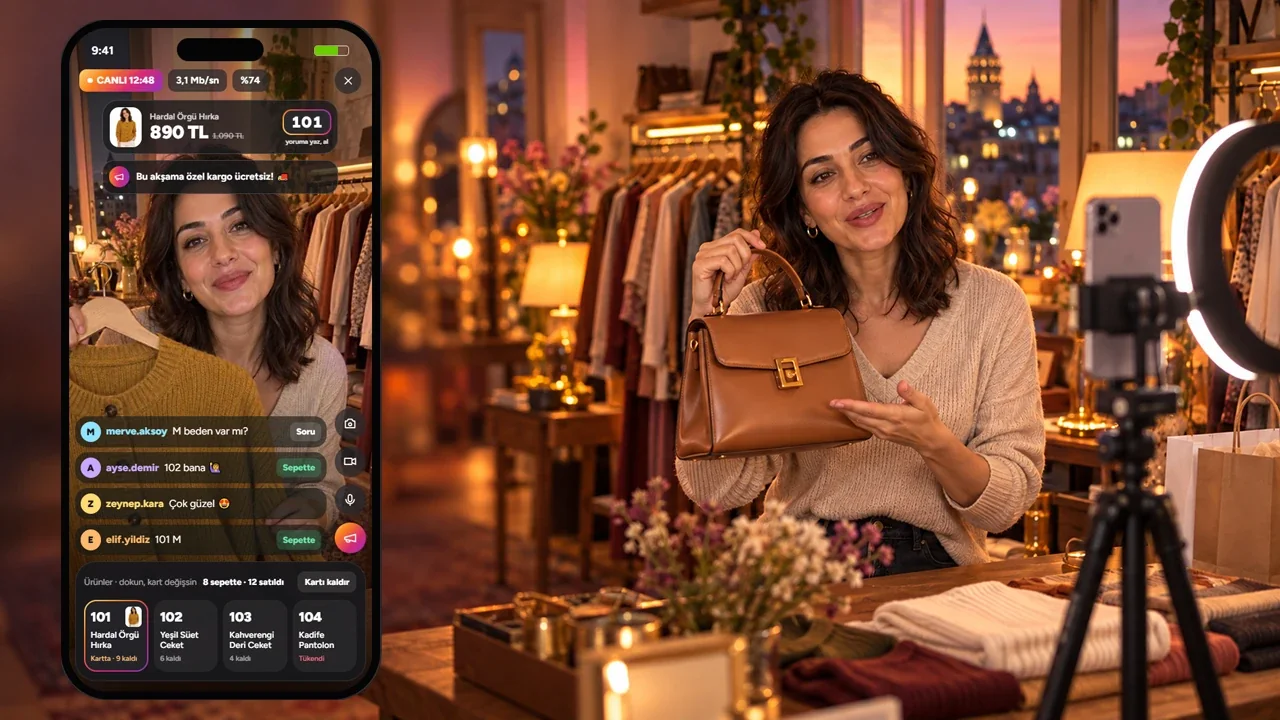 Solda UppyPro uygulamasının yayın ekranı; sağda tripottaki telefon ve halka ışık önünde çantayı izleyicilere gösteren butik sahibi