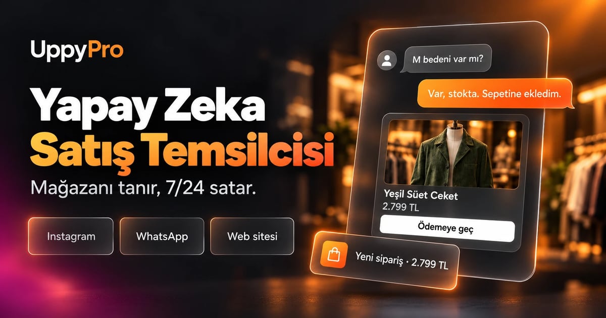 Yapay zeka satış temsilcisi: müşterinin M beden sorusuna stok bilgisiyle cevap veriyor, yeşil süet ceketi sepete ekleyip ödeme butonunu gönderiyor